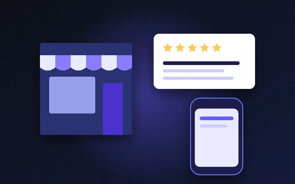 Illustration of a shop window with a review card showing five stars and a phone