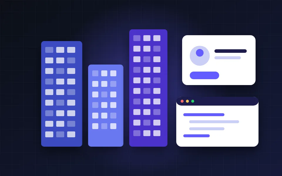 Illustration of an IT park skyline with a profile card and a code window