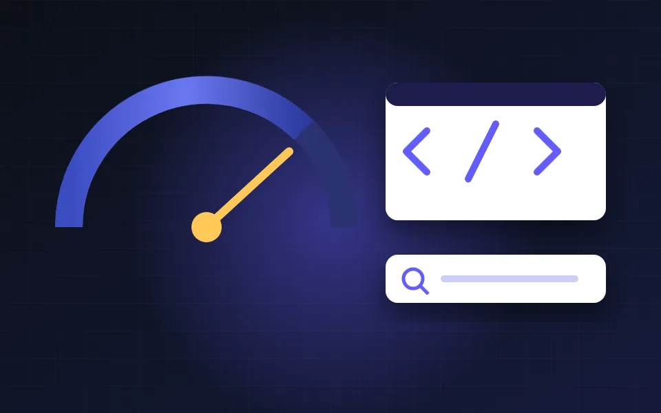 Illustration of a website speed gauge next to a code window and a search bar