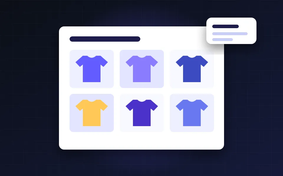 Illustration of a garment catalogue grid with fabric swatches and a GSM label card