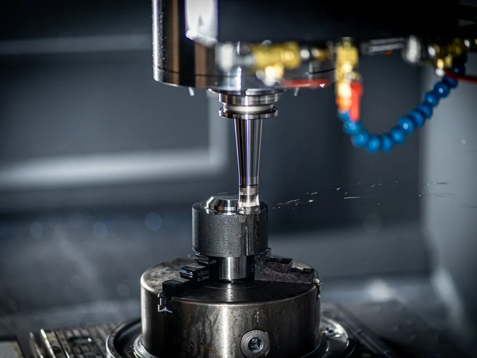 Close-up of a CNC machine spindle and chuck machining a metal part, the kind of process shot a Coimbatore manufacturer can share on LinkedIn